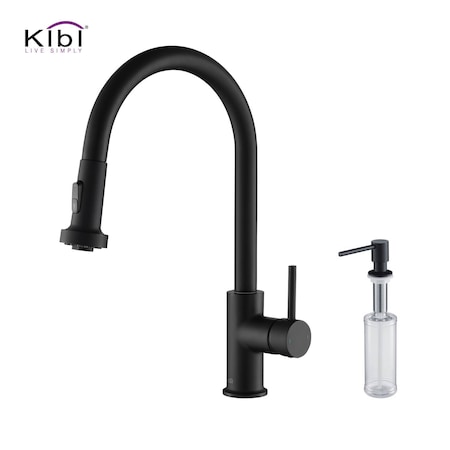 Kibi Casa Single Handle Pull Down Kitchen Sink Faucet with Soap Dispenser C-KKF2002MB-KSD100MB